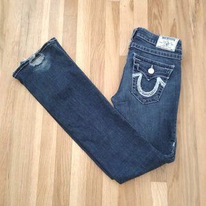 💥 True Religion Distressed Dark Wash Midrise Bootcut Jeans, Size 27